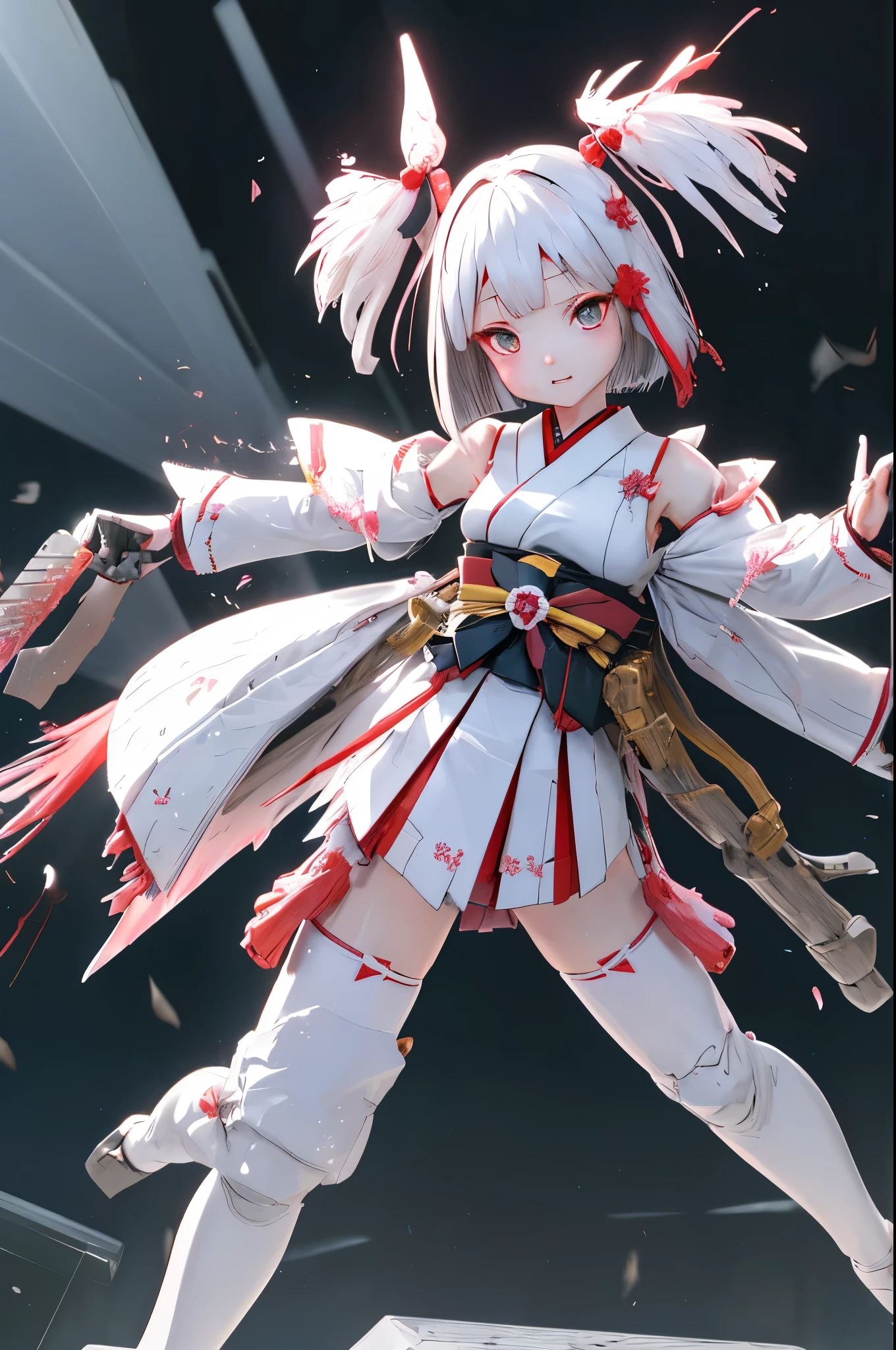 (highest quality)), ((masterpiece)), (very detailed: 1.3), 3D, {(japanese young girl)}, white theme, japanese girl wear shrine maiden anime costume, wears a futuristic Gundam mecha,(Gundam), with headgear, with v-fin , armored shoulders,armored under arms, armored under legs, (ware a scarlet hakama:1.2), multilayer textureperfect proportions, octane rendering, duotone lighting, Low ISO, wide aperture, White balance, Rule of thirds, ultra HD16k, HDR (High Dynamic Range), Ray Tracing, NVIDIA RTX, Super Resolution, Subsurface Scattering, PBR Texturing, Post Processing, Anisotropic Filtering, Depth of Field, Maximum Clarity and Clarity, High efficiency subpixel, subpixel convolution, particles of light, light scattered, Tyndall effect, full body:1.5, battle pose, cute, (cute:1.2), (bob cut:1.3),三つ編み, 黒髪, 太い眉毛, 薄い色の虹彩, 大きくて輝いている黒い瞳, 長いまつげ, 小さく薄い色の自然な唇, (Average face of Japanese idols), (日本人特有の童顔:1.3), (baby face), 広いおでこ:1.2, ふっくらした頬, 小さな顎, visible side boob, (holding a shining Japanese sword in the right hand:1.5), broken streets, Broken City,looking at viewer,Focus on the eyes