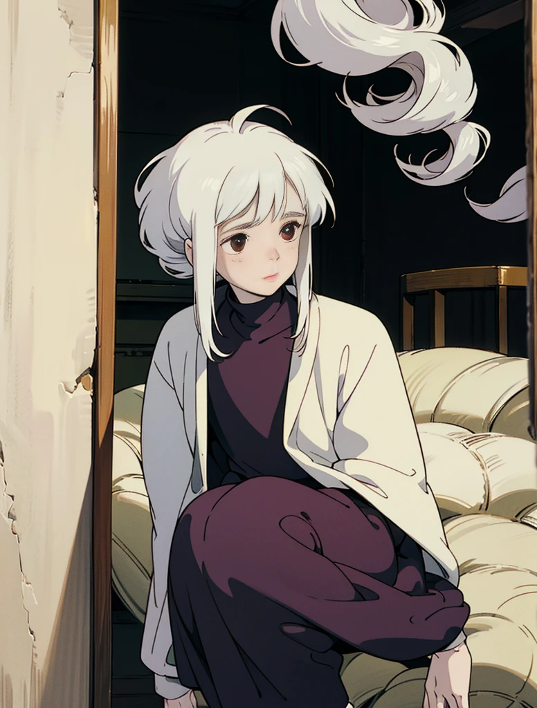 A young (gender neutral) person with curly white hair and dark brown eyes with long eyelashes, pale skin with rosy cheeks and an innocent look in his eyes, full body, wearing comfy clothes, early 20s