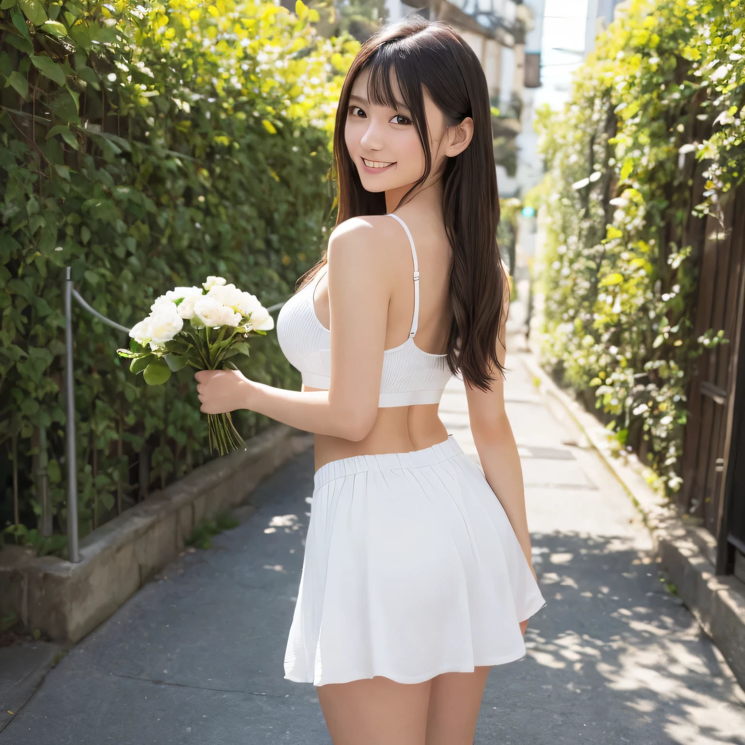 Smile、night、original photography、(((ultimate beauty portrait)))、((sparkling skin))、1 girl、Beautiful 18 year old girl from Prague、bright expression、((brown hair))、((Big eyes sparkling like gems))、、pantyhose、Glowing and radiant skin、(medium hair)、(silk ponytail)、(standing)、(from below)、under skirt、(from below看内衣的特写)、Eyeliner、beautiful bangs、hair between eyes、((Masterpiece、top quality、Super detailed、movie light、intricate details、high resolution、Very detailed))、background for this、8 kood、digital SLR、soft light、high quality、film grain、富士XT3 、shallow view deep、natural soft light、Kamimei、Above the legs、whole body、 Rear view、Holding a bouquet of flowers