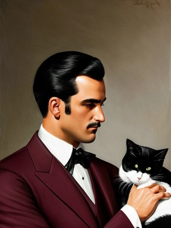 A man in an expensive red three-piece suit, 30 years old, trimmed dark brown hair, holding a short haired gray cat, background is dark, in the style of an oil portrait