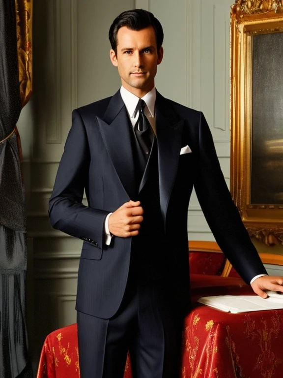 A man in an expensive red three-piece suit, 30 years old, trimmed dark brown hair, holding a short haired gray cat, background is dark, in the style of an oil portrait