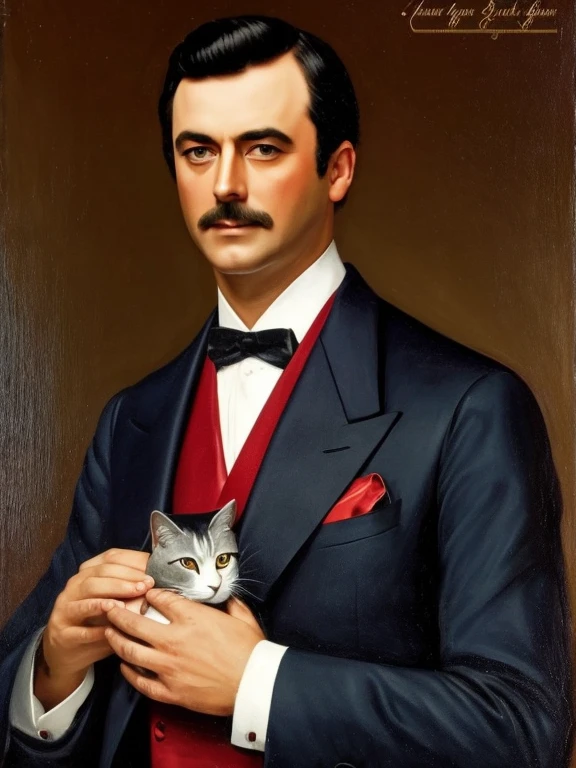 A man in an expensive red three-piece suit, 30 years old, trimmed dark brown hair, holding a short haired gray cat, background is dark, in the style of an oil portrait