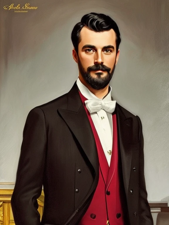 A man in an expensive red three-piece suit, 30 years old, trimmed dark brown hair, holding a short haired gray cat, background is dark, in the style of an oil portrait