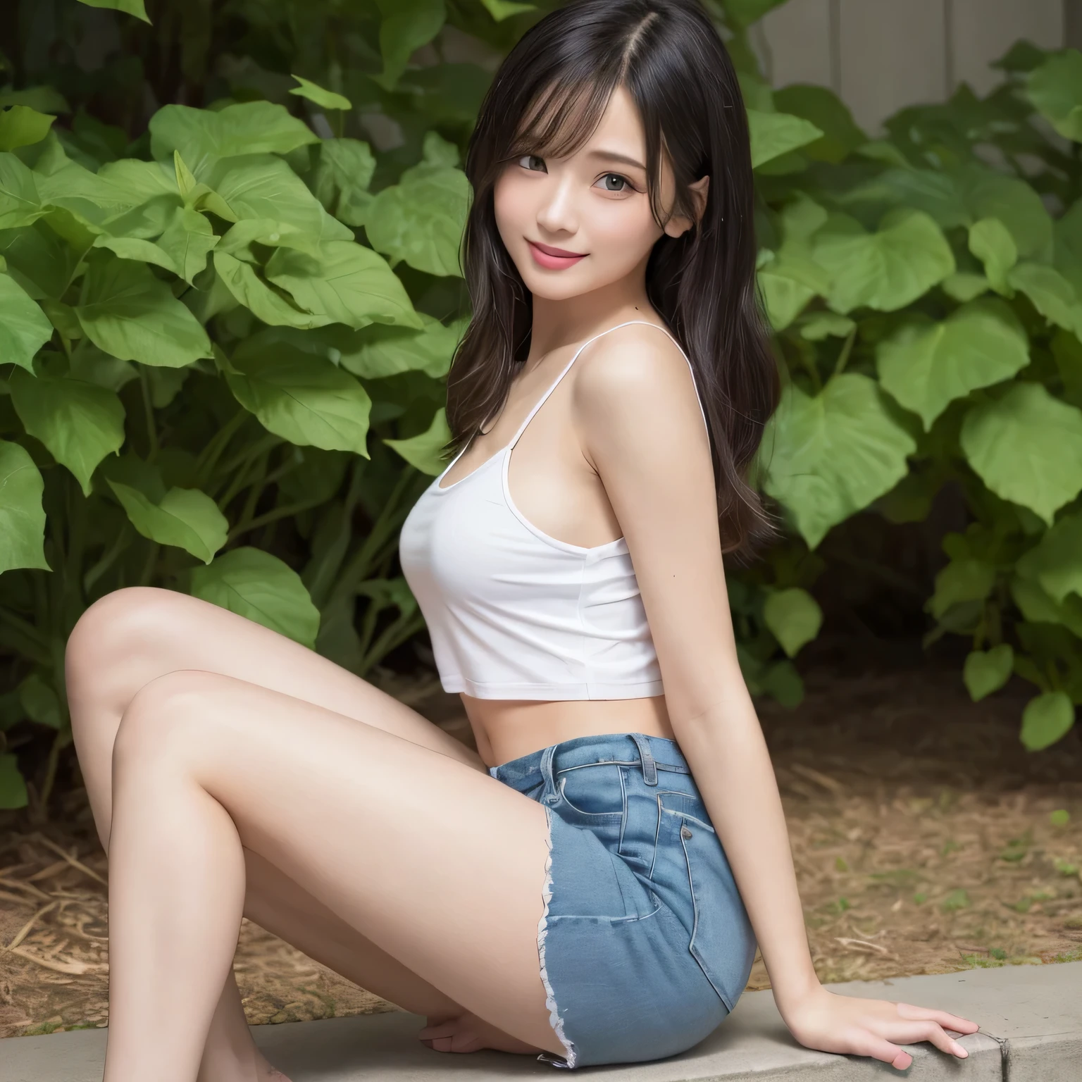 1womanl、Solo、japanes、Young beauties、22year old、(Body facing the camera:1.5)、(Sky from below)、luxury yacht deck、(Showing white lace panties)、(Opening legs)、wear a short red leather skirt、(A smile:1.3)、(At SFW)