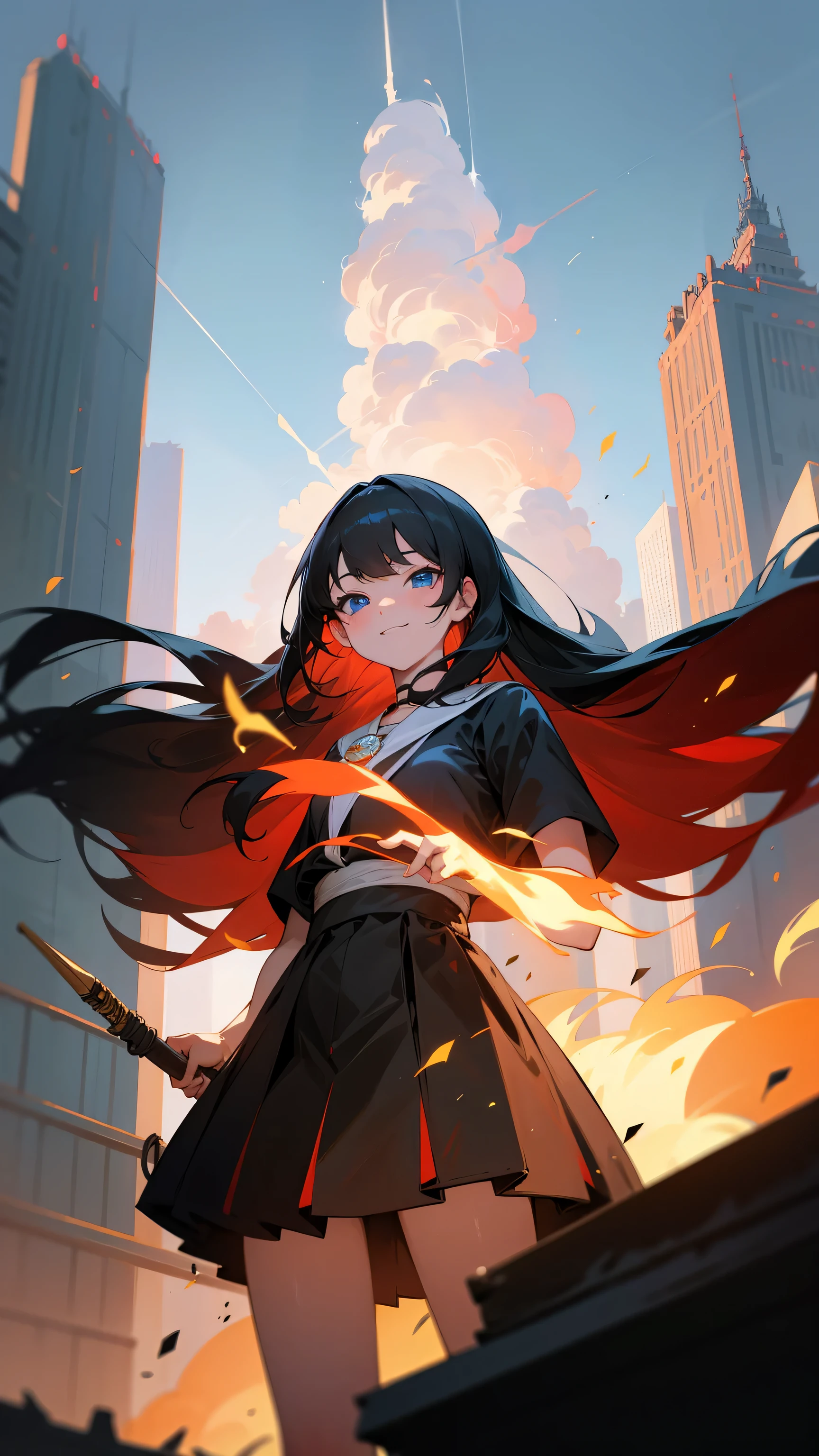 キヤノンEOS R3で撮影した32k解像度のhighest qualityのRAW写真, from below:1.15),(masterpiece、highest quality),skirt girl black hair girl:1,Inner Kara,long hair,wizard,fire attribute,Fire comes out of my hands,morning city scenery,blue eyes,group of buildings,Tokyo cityscape,lazy smile,refreshing face,