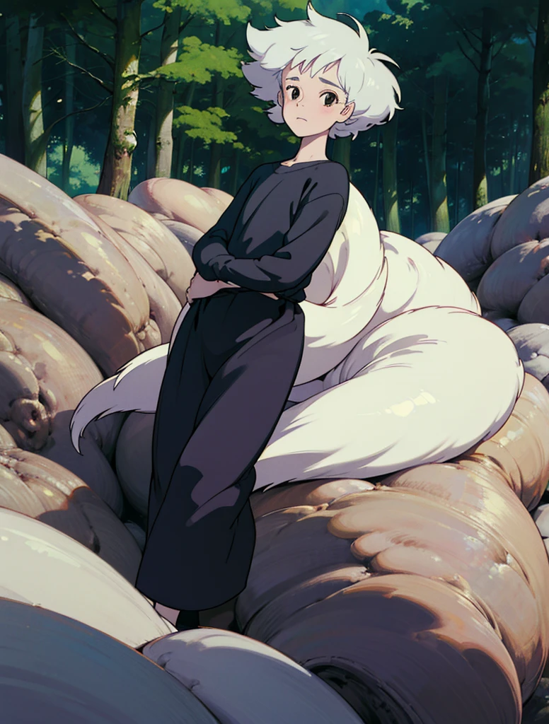 A young (gender neutral) person with curly white hair and dark brown eyes with long eyelashes, pale skin with rosy cheeks and an innocent look in his eyes, full body, wearing comfy clothes, early 20s, outside in a beautiful forest,