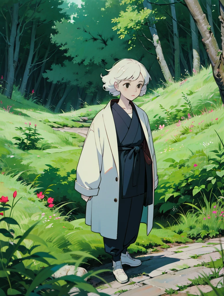 A young (gender neutral) person with curly white hair and dark brown eyes with long eyelashes, pale skin with rosy cheeks and an innocent look in his eyes, full body, wearing comfy clothes, early 20s, outside in a beautiful forest,
