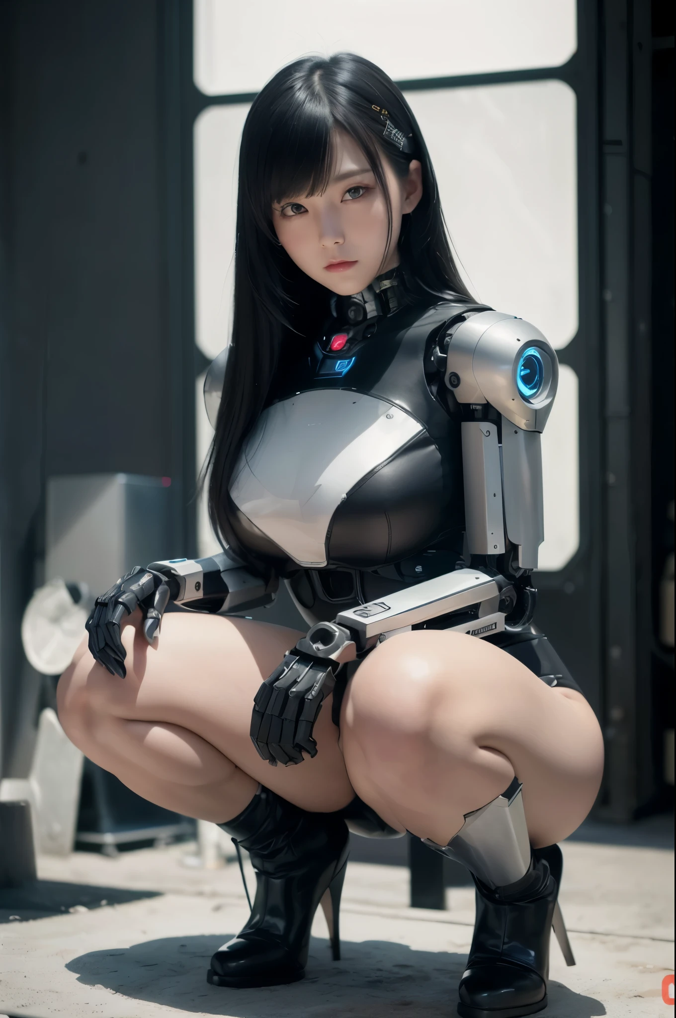 (photorealistic:1.4), (RAW photo)masterpiece, best quality, extremely detailed, (8K, 4K, Best Quality, hight resolution, 超A high resolution:1.1), (masutepiece, Realistic, Photorealsitic:1.1)Japanese android woman,Plump , announcer,control panels,activate,Squat,android,droid,Mechanical Hand,Robot arms and legs, Black Robot Parts,black hair,darkblack knee high socks,black sponge joints,blunt bangs,white robot body,ceramic body,leather boots,perfect cyborg girl