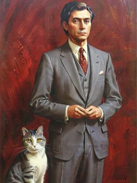 A man in an expensive red three-piece suit, 30 years old, trimmed dark brown hair, holding a short haired gray cat, background is dark, in the style of an oil portrait