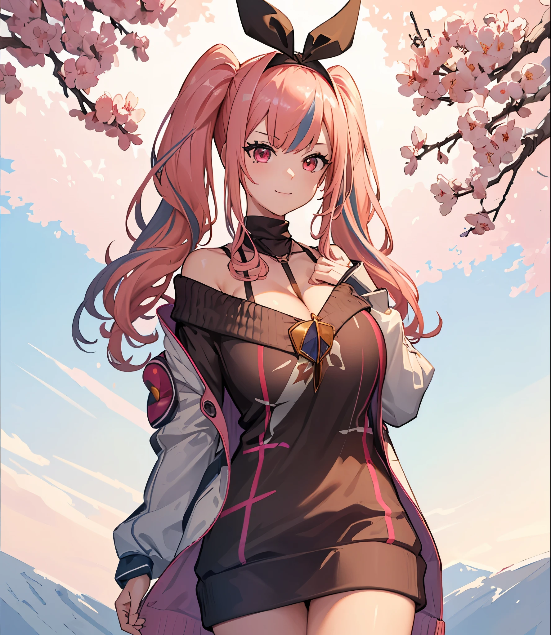 (extremely detailed CG unity 8k wallpaper), (((masterpiece))), (((best quality))), ((ultra-detailed)), (((illustration))), (best shadow), ((an extremely delicate and beautiful)), (detailed light), (well designed face), amazing face, (super detailed), cinematic shot, beautiful detailed eyes, detailed background, 1girl, solo, ((pink hair)), ((multicolored hair)), ((red eyes)), ((short ponytail)), (headband), ((halterneck)), huge breasts, firts rate breasts, first rate female bodies, (sleveless sweater), ((open chest sweater)), white jacket, open jacket, cherry blossom trees in behind, outdoor, bewitching thighs, smirk, hand in pocket,