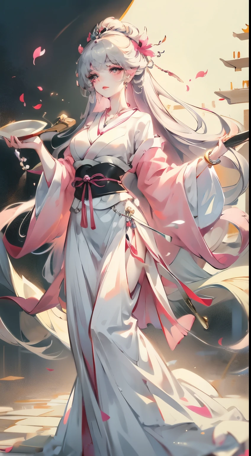 Anime girl wearing pink dress,Wearing a pearl necklace, beautiful fantasy queen, ((beautiful fantasy queen)), palace , A girl wearing Hanfu, beautiful figure painting, ancient chinese princess, chinese princess, guweiz, guweiz style artwork, Inspired by Lan Ying, hanfu, Inspired by Ma Yuanyu,Petal-shaped cuffs and collar