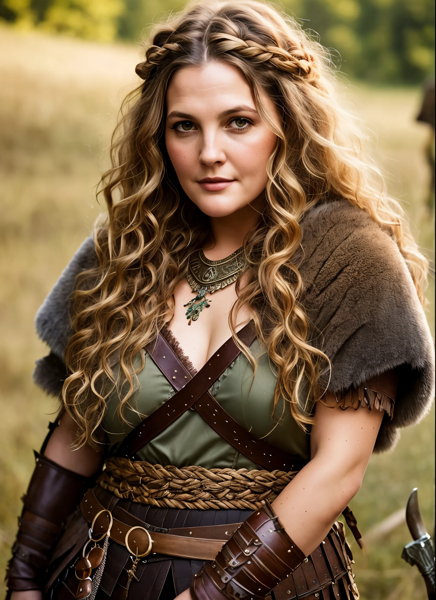 Looks like Drew Barrymore, A stunning intricate full color portrait of (sks woman:1) as (viking warrior), (barbarian), perfect plus size Beauty, Barbarian warrior queen, fluffy streax hair, styled hair, epic character composition, by ilya kuvshinov, alessio albi, nina masic, sharp focus, natural lighting, subsurface scattering, f2, 35mm, film grain,