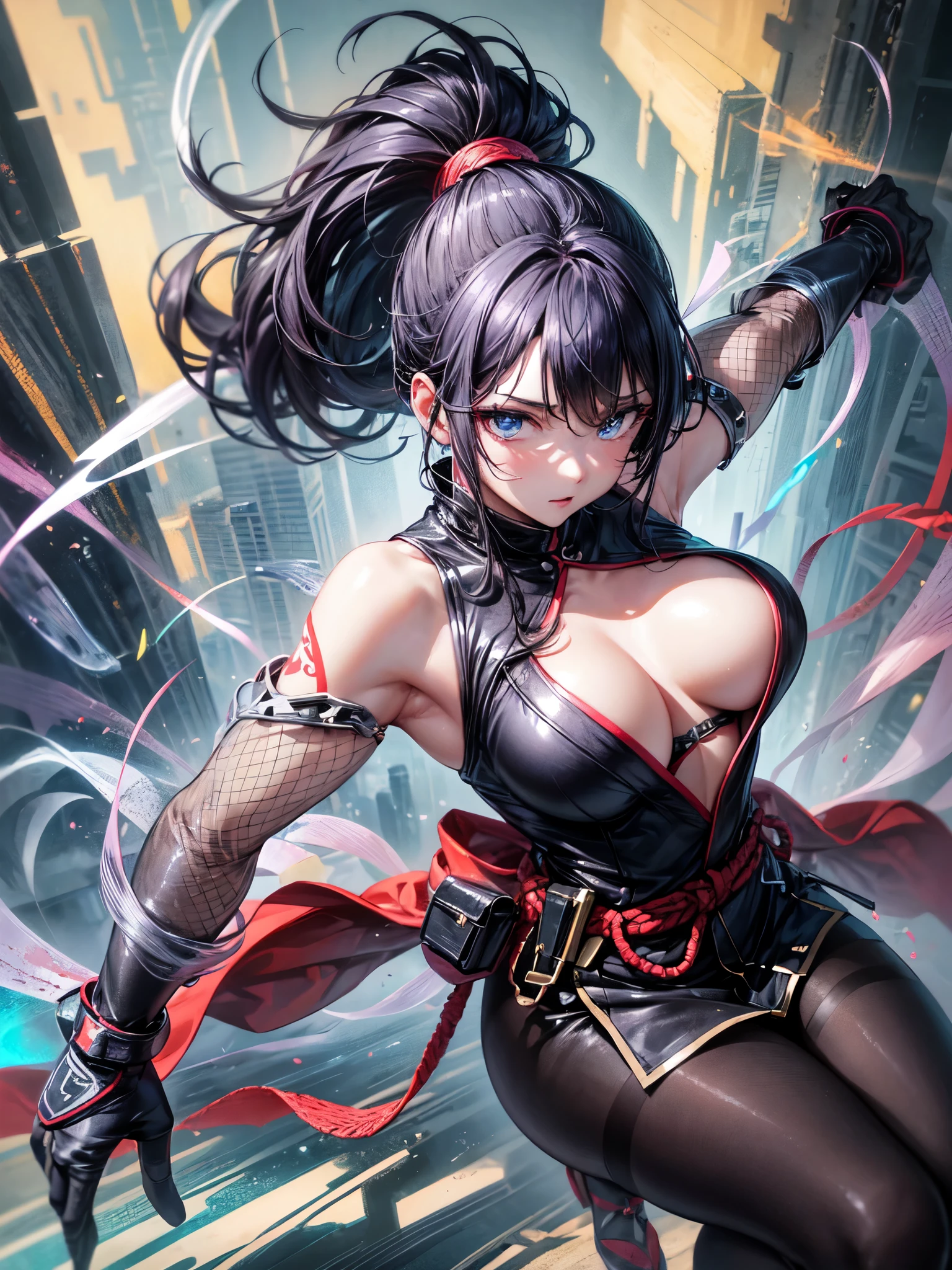 landscape, Japanese ninja woman, preparing for battle, in a fighting stance, dagger drawn, midnight, Impressive, black hair, ponytail, shiny hair, beautiful face, beautiful eyes , dynamic lighting, super fine illustrations, masterpiece, accurate, 8K, best quality, super details, ghibli style colors, high resolution, darkness