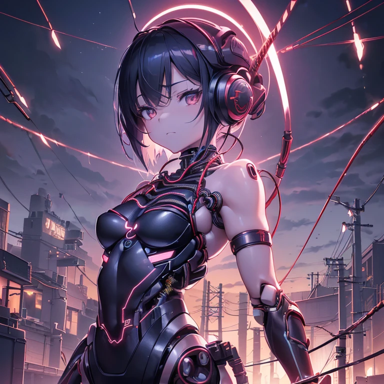 (((arms、Katana、armsを持つ))) (((Cyber World))),cinematic light,((1 mechanical girl)),alone, ,whole body,(mechanical joint:1.4),Expressionless,(Wires and cables attached to the head and body:1.5),small breasts,short hair,character focus,SF、flower