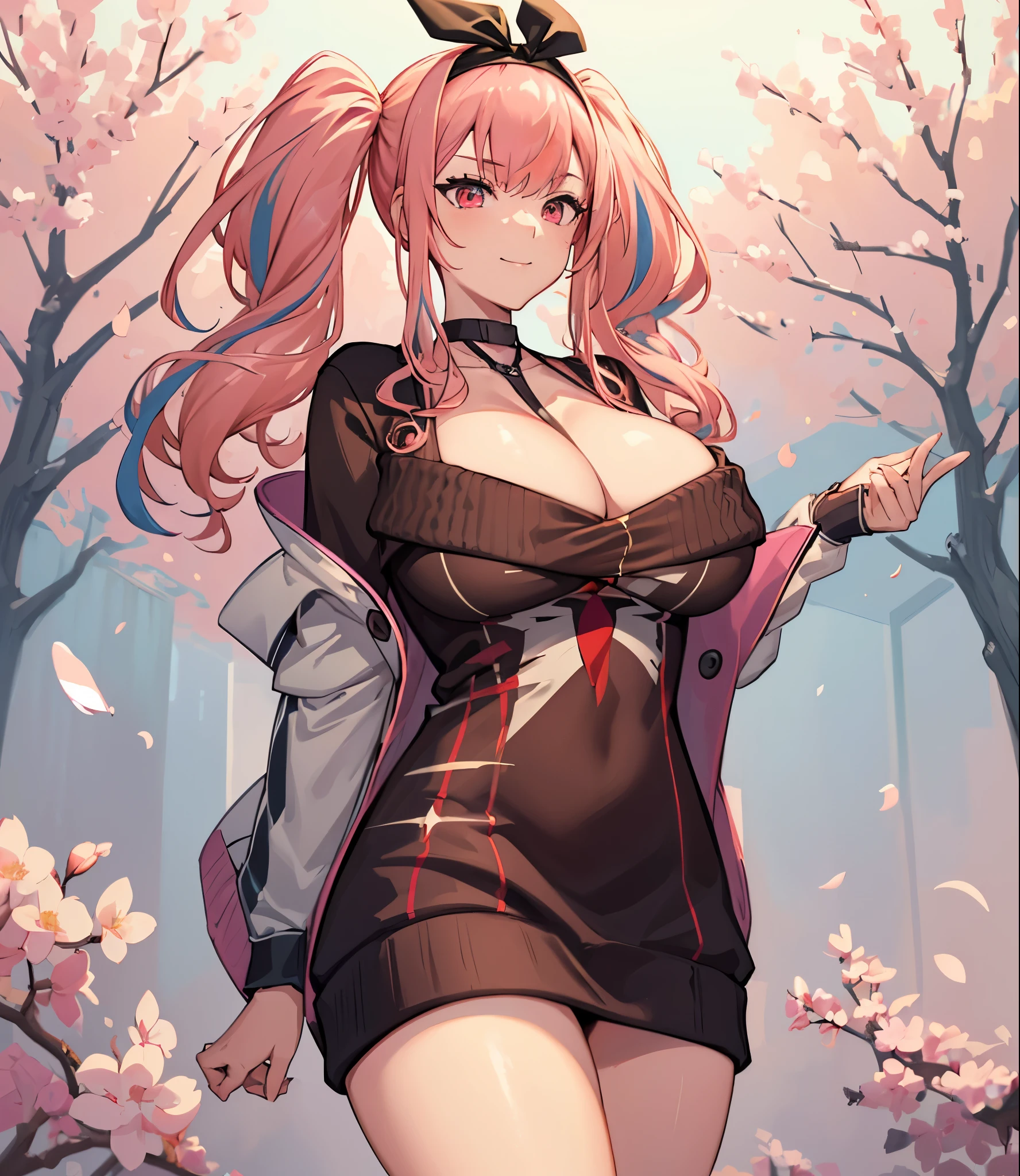 (extremely detailed CG unity 8k wallpaper), (((masterpiece))), (((best quality))), ((ultra-detailed)), (((illustration))), (best shadow), ((an extremely delicate and beautiful)), (detailed light), (well designed face), amazing face, (super detailed), cinematic shot, beautiful detailed eyes, detailed background, 1girl, solo, ((pink hair)), ((multicolored hair)), ((red eyes)), ((short twintails)), (headband), ((halterneck)), huge breasts, firts rate breasts, first rate female bodies, (sleveless sweater), ((open chest sweater)), white jacket, open jacket, cherry blossom trees in behind, outdoor, bewitching thighs, smirk, cowboy shot,