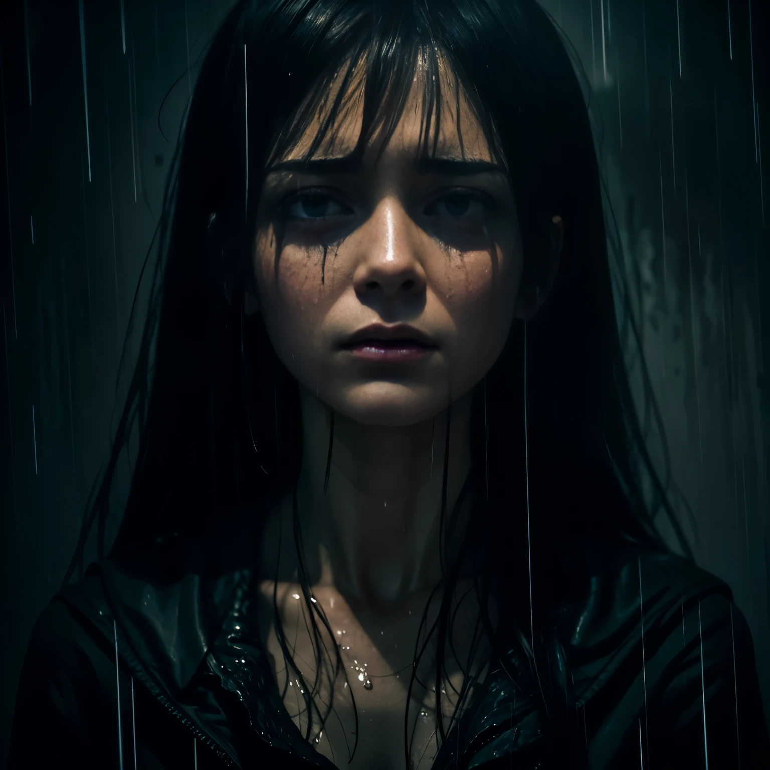 best quality, highres, beautiful woman, crying faces, under raining, wet, emotional expression, sadness, maximum despair, visceral imagery, heartbreak, empty soul, spiritual depth, dark poetry, low light ambiance, sombre tones, haunting atmosphere, abstract composition, chromatic aberration --ar 3:2.