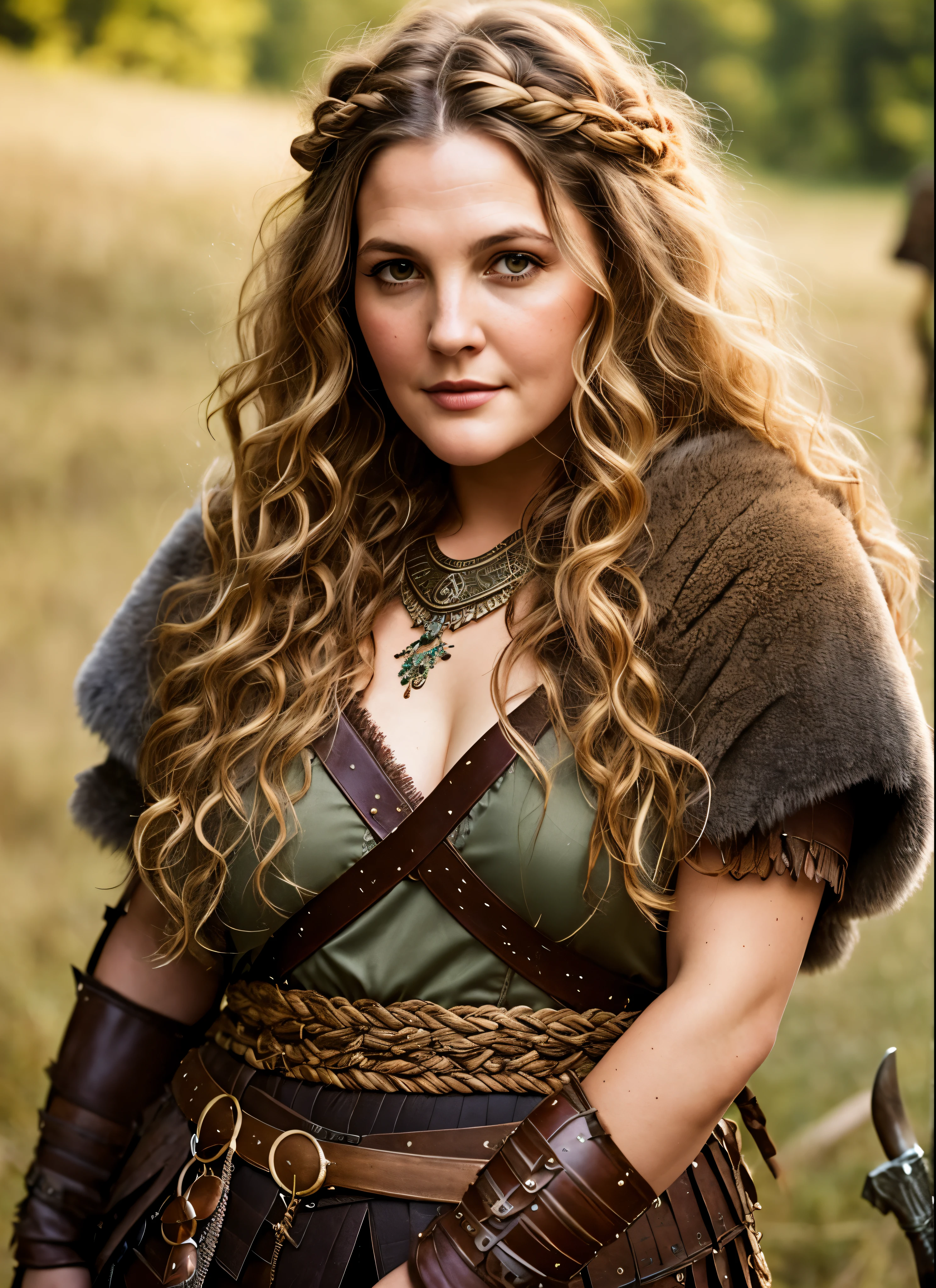Looks like Drew Barrymore, A stunning intricate full color portrait of (sks woman:1) as (viking warrior), (barbarian), perfect plus size Beauty, Barbarian warrior queen, fluffy streax hair, styled hair, epic character composition, by ilya kuvshinov, alessio albi, nina masic, sharp focus, natural lighting, subsurface scattering, f2, 35mm, film grain,