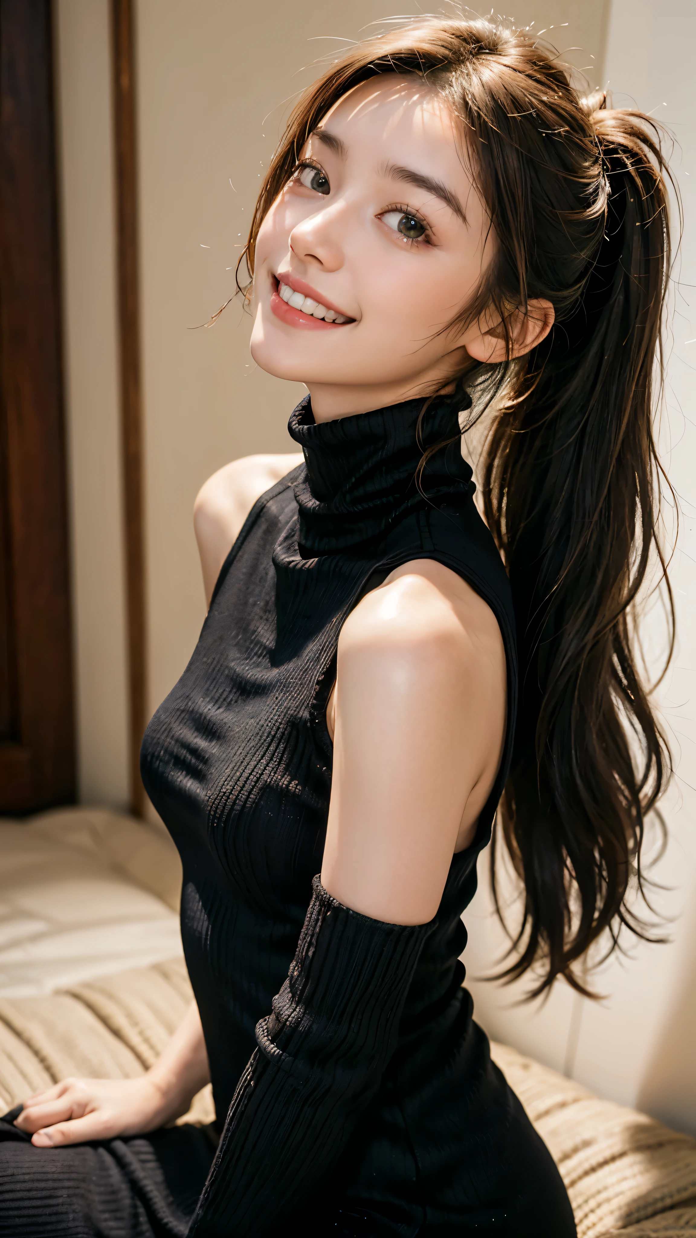 highest quality, masterpiece, ultra high resolution, (realistic:1.4), (close portrait) RAW photo, 1 girl, 22 years ago, ((I'Iはひざまずいてあなたを見上げています)),((looking up at the viewer)),(((Black Turtleneck Open Back Knit Dress Black))), masterpiece, realistic pictures, japanese pictures, fuji negative film, saturation, contrast, Pocari Sweat Advertisement ((small breasts)),((smile showing teeth)),long hair top ponytail,brown hair,