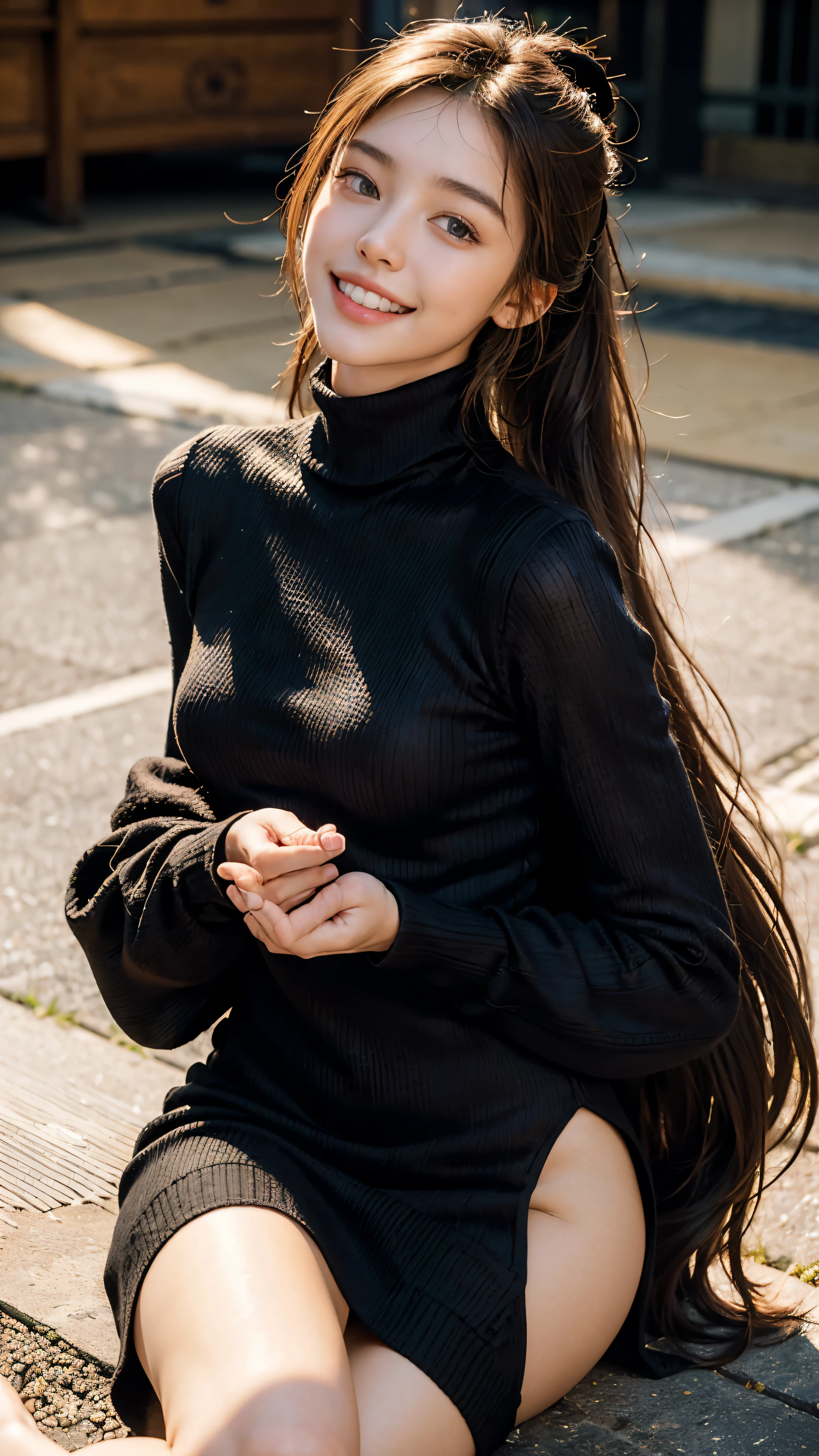 highest quality, masterpiece, ultra high resolution, (realistic:1.4), (close portrait) RAW photo, 1 girl, 22 years ago, ((I'Iはひざまずいてあなたを見上げています)),((looking up at the viewer)),(((Black Turtleneck Open Back Knit Dress Black))), masterpiece, realistic pictures, japanese pictures, fuji negative film, saturation, contrast, Pocari Sweat Advertisement ((small breasts)),((smile showing teeth)),long hair top ponytail,brown hair,