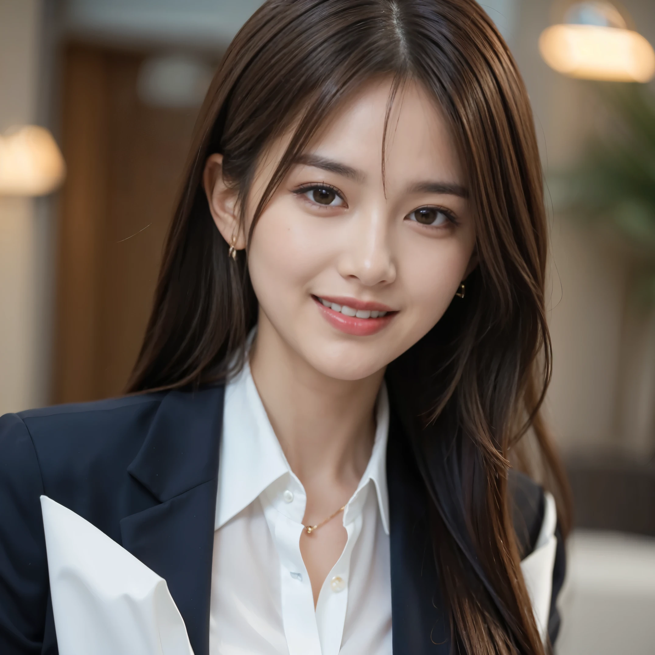 table top, best quality, realistic, very detailed, in detail, high resolution, 8k wallpapers, 1 beautiful woman,, Light brown messy hair, in a business suit, sharp focus, Complete dynamic configuration, beautiful and delicate eyes, detailed hair, 섬세하고 realistic 피부 결, laughing, Close-up portrait, Model Body Type