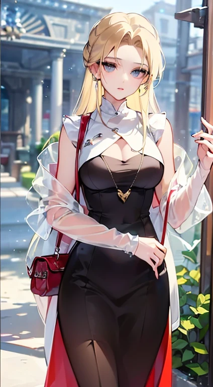 best quality, masterpiece, Realistic photos, intricate details, original photo, Super detailed, old fashioned young woman, Pair it with a peasant style dress, There is no neckline, blonde hair, perfect details and blue eyes, Walking in an ancient city, HD quality, 8k, young woman, 20 years old