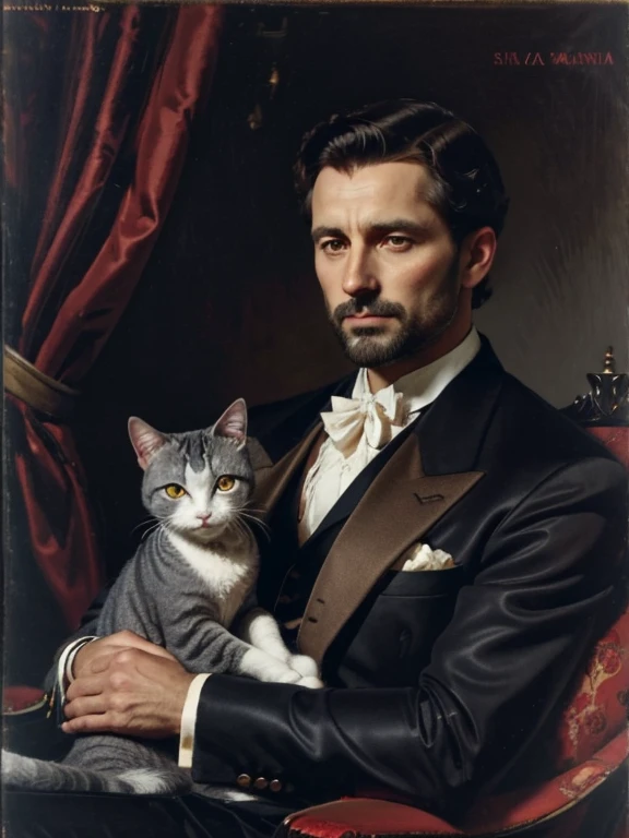 A man in an expensive red three-piece suit, 30 years old, trimmed dark brown hair, holding a short haired gray cat, background is dark, in the style of an oil portrait