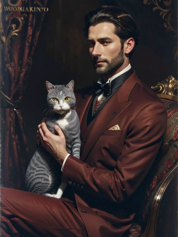 A man in an expensive red three-piece suit, 30 years old, trimmed dark brown hair, holding a short haired gray cat, background is dark, in the style of an oil portrait