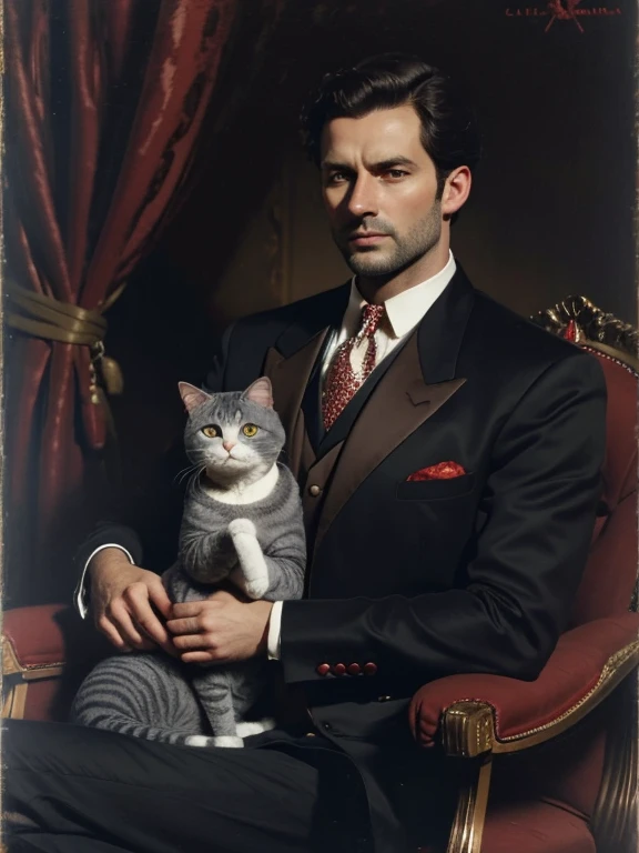 A man in an expensive red three-piece suit, 30 years old, trimmed dark brown hair, holding a short haired gray cat, background is dark, in the style of an oil portrait