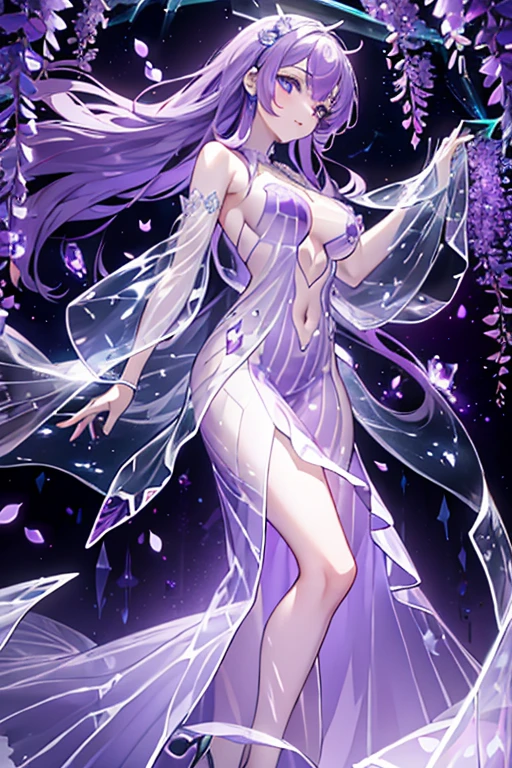 {{{{masterpiece}}}}, {{{super detailed}}}, {{{High resolution}}}, {{excellent anatomy}}, (((highest quality))), ((very delicate and beautiful)), {{very detailed and delicate}}, {8k cg wallpaper},((detailed background))One female、best style、beautiful woman、The most beautiful woman in the world、Purple flowers are blooming on the purple lake surface, soft purple glow, Purple light, (purple wisteria forest), Dynamic lighting for the wisteria season, art, shining purple, Purple petals are dancing everywhere、 The blossoming path to heaven, purple glow、Purple water、purple reflective water surface、purple light、(thin transparent dress:1.8),((big breasts))、show through、sexy dress、waterside and wisteria、