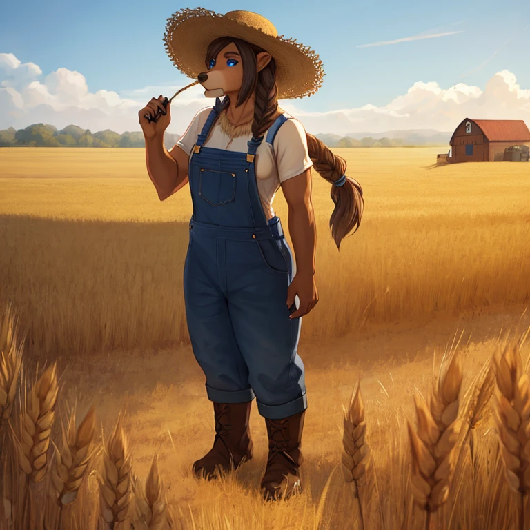 Closeup of a A feminine Muscular 7 foot tall spirit grizzly with long black claws and bright tan colored fur, blue eyes, and long viking braid down his back. Wearing overalls, a farmer's hat with a piece of wheat in her mouth. Standing in farm fields during the daytime. Alone by herself