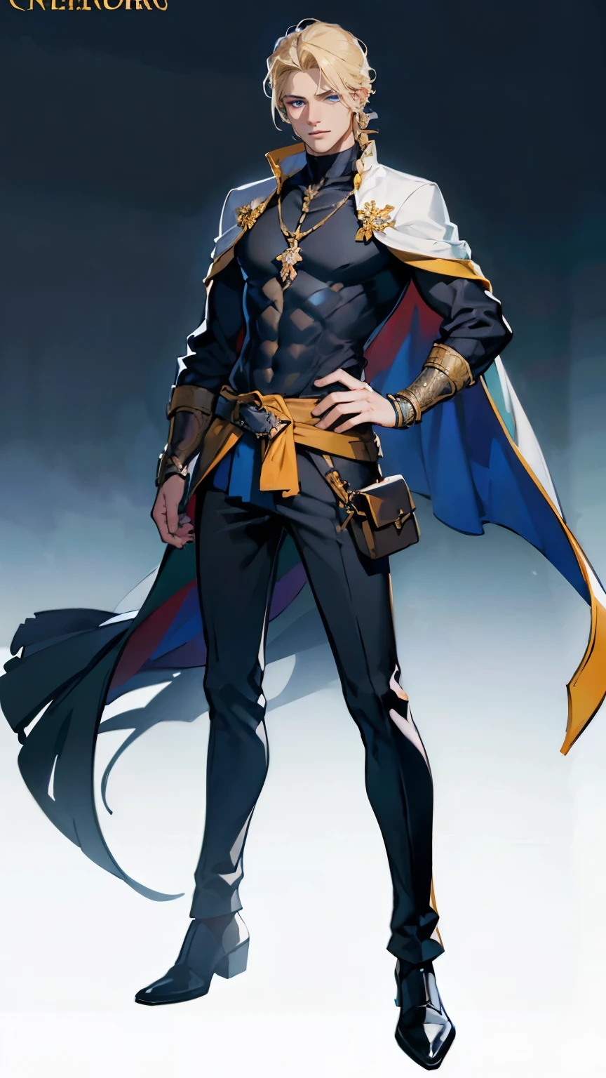 ((masterpiece,best quality,8k,highres)),((character concept art)), 1 male, young british adult male, sorcerer, 185 cm height, permed mullet hairstyle (blonde hair colour), ultra finely detailed eyes (blue eyes colour), extraordinary handsome, charming, smirk smile, perfect body build ((muscular)), ((intricate detail)), super finely detailed hands, ultra finely detailed fingers(((ten fingers))), stylish sorcerer tops (navy blue outfit colour), black long pants, pouches on waist, tool belt, black boots, big red cloak, magical necklace, magical bracelet, (standing still), (full body showcase), (show full body), (no logos on background), (no logo), ((plain background)), ((plain background)), (((empty background)))