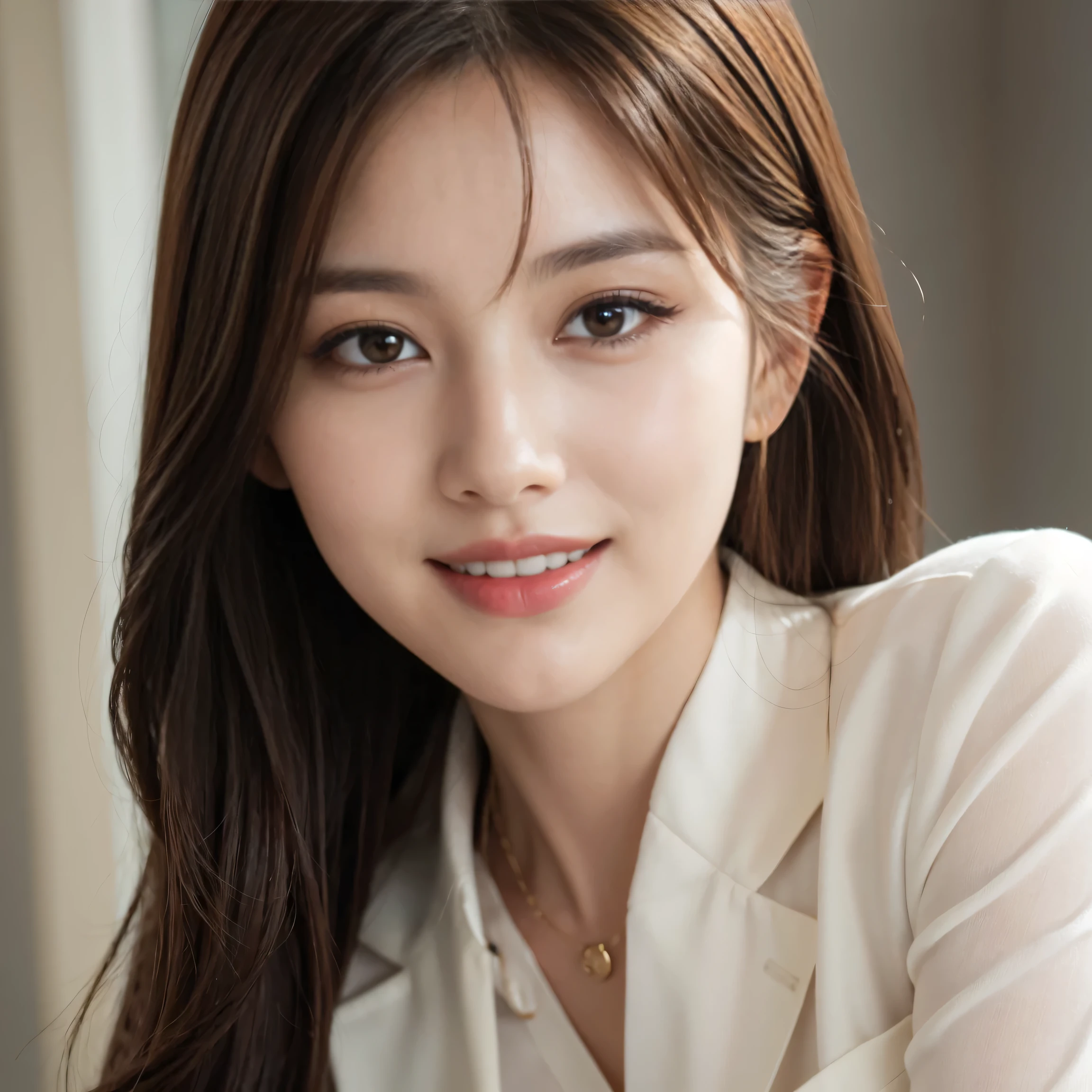 table top, best quality, realistic, very detailed, Detail, high resolution, 8k wallpapers, 1 beautiful woman,, Light brown messy hair, in a business suit, sharp focus, Fully dynamic configuration, beautiful and delicate eyes, detailed hair, 섬세하고 realistic 피부 결, laugh, Close-up portrait, Model Body Type