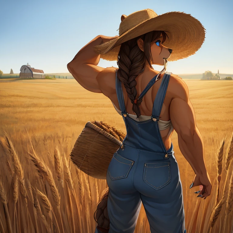 Closeup of a A feminine Muscular 7 foot tall spirit grizzly with long black claws and bright tan colored fur, blue eyes, and long viking braid down his back. Wearing overalls, a farmer's hat with a piece of wheat in her mouth. Standing in farm fields during the daytime. Alone by herself