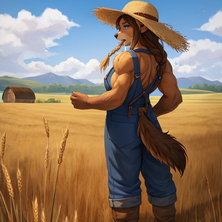 Closeup of a A feminine Muscular 7 foot tall spirit grizzly with long black claws and bright tan colored fur, blue eyes, and long viking braid down his back. Wearing overalls, a farmer's hat with a piece of wheat in her mouth. Standing in farm fields during the daytime. Alone by herself