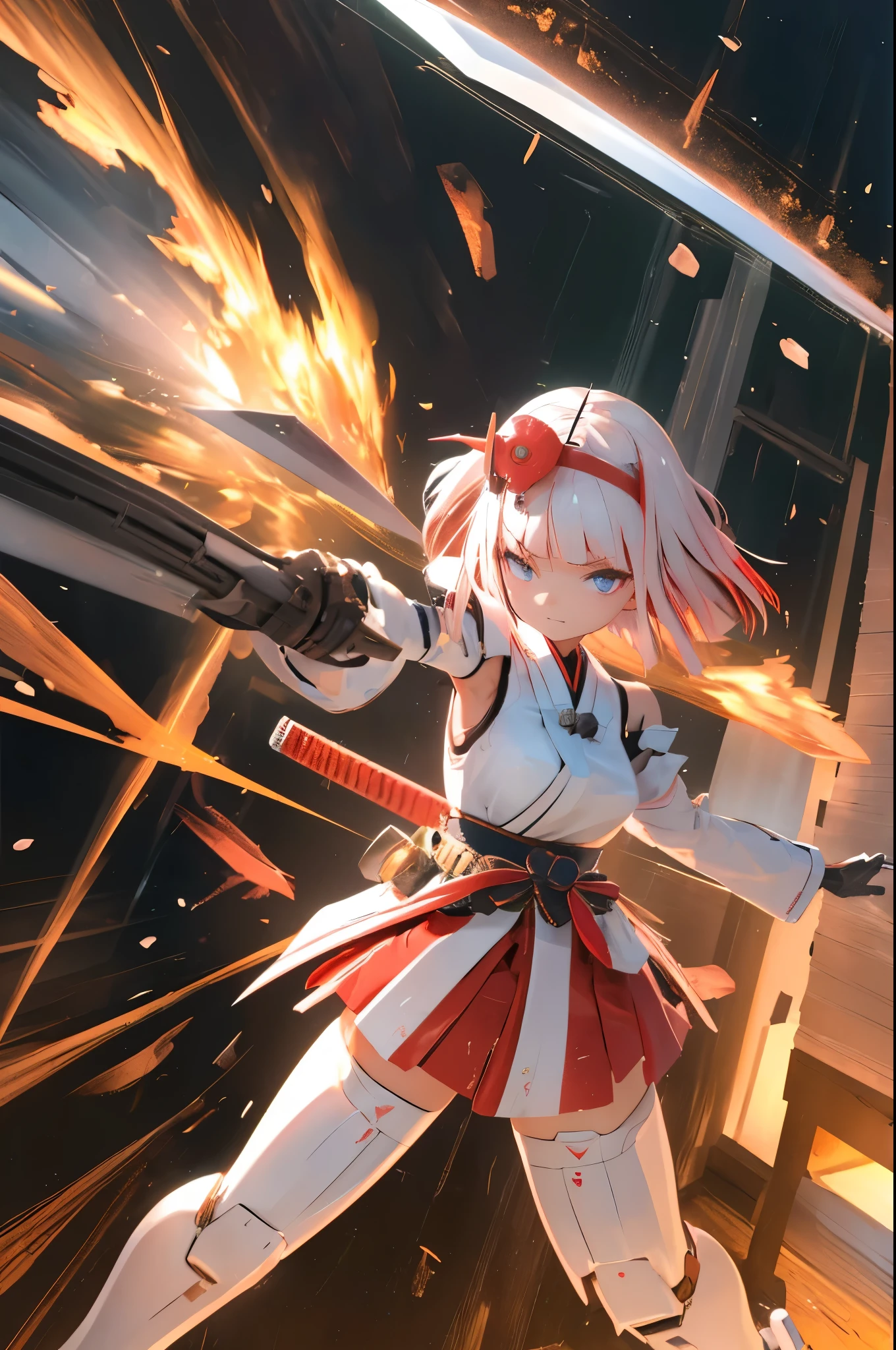 (highest quality)), ((masterpiece)), (very detailed: 1.3), 3D, {(japanese young girl)}, white theme, japanese girl wear shrine maiden anime costume, wears a futuristic Gundam mecha,(Gundam), with headgear, with v-fin , armored shoulders,armored under arms, armored under legs, (ware a scarlet hakama:1.2), multilayer textureperfect proportions, octane rendering, duotone lighting, Low ISO, wide aperture, White balance, Rule of thirds, ultra HD16k, HDR (High Dynamic Range), Ray Tracing, NVIDIA RTX, Super Resolution, Subsurface Scattering, PBR Texturing, Post Processing, Anisotropic Filtering, Depth of Field, Maximum Clarity and Clarity, High efficiency subpixel, subpixel convolution, particles of light, light scattered, Tyndall effect, full body:1.5, battle pose, cute, (cute:1.2), (bob cut:1.3),三つ編み, 黒髪, 太い眉毛, 薄い色の虹彩, 大きくて輝いている黒い瞳, 長いまつげ, 小さく薄い色の自然な唇, (Average face of Japanese idols), (日本人特有の童顔:1.3), (), 広いおでこ:1.2, ふっくらした頬, 小さな顎, visible side boob, (holding a shining Japanese sword in the right hand:1.5), broken streets, Broken City,looking at viewer,Focus on the eyes