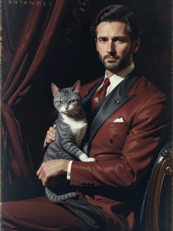 A man in an expensive red three-piece suit, 30 years old, trimmed dark brown hair, holding a short haired solid gray cat, background is dark, in the style of an oil portrait