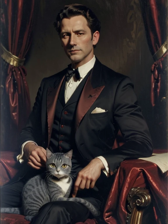 A man in an expensive red three-piece suit, 30 years old, trimmed dark brown hair, holding a short haired solid gray cat, background is dark, in the style of an oil portrait