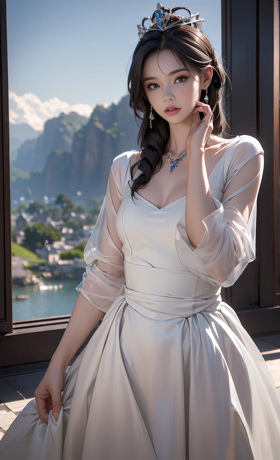 <lora:virtualgirlAim_v20:0.8>, (RAW photo:1.4), (photorealistic:1.7),(intricate details:1.2),(masterpiece:1.3),(best quality:1.4), (ultra highres:1.2), Beautiful face, upon_body, tyndall effect, atmospheric perspective, dark studio, rim lighting, two tone lighting,(high detailed skin:1.2), 8k uhd, dslr, soft lighting, high quality, volumetric lighting, candid, Photograph, high resolution, 4k, 8k, Bokeh,with a sinister castle looming in the distance,((detailed wedding veil with flowers)), long white gloves,((white lace wedding dress)), sitting down, sitting,