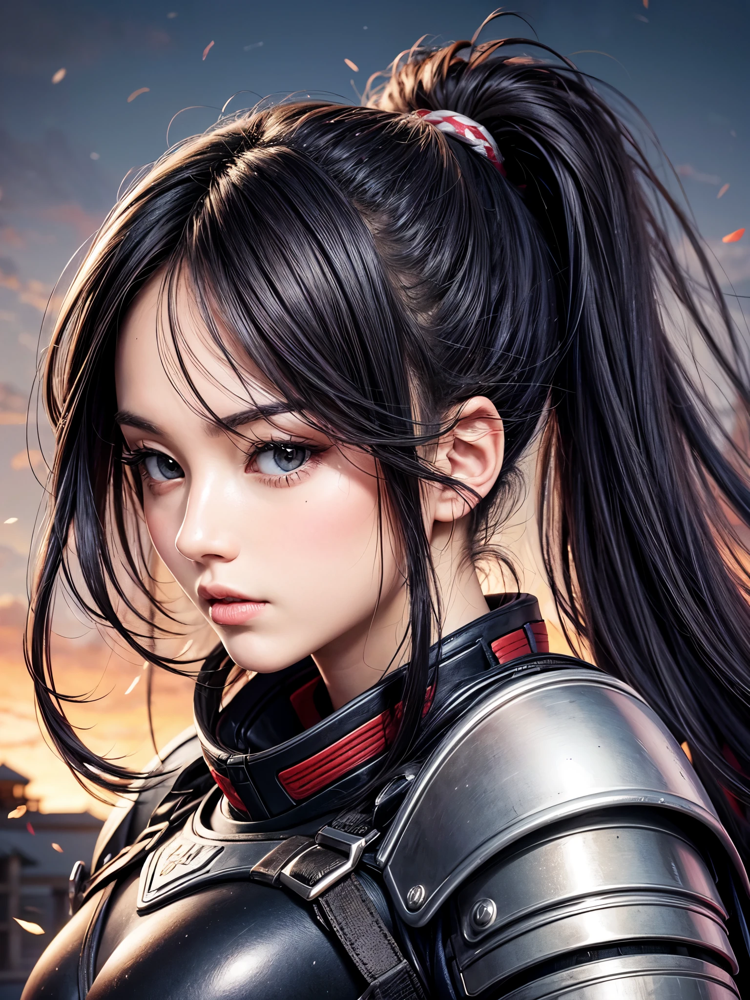 landscape, Japanese battle woman, preparing for battle, in a fighting stance, midnight, Impressive, black hair, ponytail, shiny hair, beautiful face, beautiful eyes , dynamic lighting, super fine illustrations, masterpiece, accurate, 8K, best quality, super details, ghibli style colors, high resolution, darkness