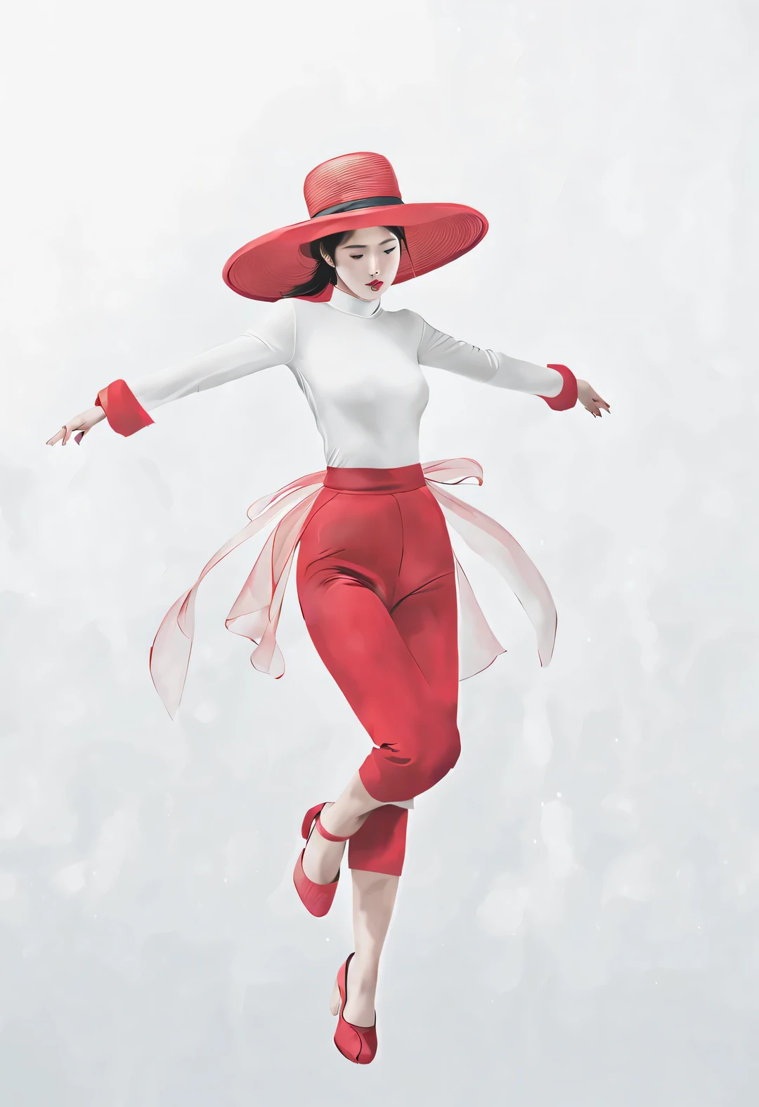  (Half body), (Beautiful and ethereal Chinese dancers dance gracefully), (Wear stylish and modern workplace attire: 0.8), Fair and flawless skin, high nose bridge, (Face covered by big hat: 1.37), bitter, (Limbs are extremely slender and beautiful: 1.1), Exquisite facial features, (empty-handed),
rotating fog, Noble temperament, black and white illustration, Chinese ink painting, black hair, meatball, messy, Proud, Surrealism, contemporary art photography, illustration action painting, abstract expressionism, Pixar, depth of field, motion blur, backlight, Falling shadows, Gradient glow, Scale layers, Start at the bottom, Sony FE General Manager, ultra high definition, masterpiece, Accuracy, textured skin, Super details, high detail, high quality, Award-winning, best quality, Level, 16k,