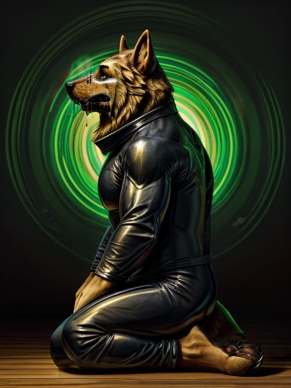 Barefoot Smirnov wears black ninja suit, tebowing, kneeling, detailed nice big dog feet paws with claws, in a trance, a expression of weak resistance to hypnosis on his face, drooling, green glow in his eyes, brainwashed look. high resolution, anatomically correct, profile view, side view