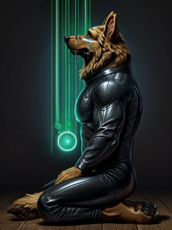 Barefoot Smirnov wears black ninja suit, tebowing, kneeling, detailed nice big dog feet paws with claws, in a trance, a expression of weak resistance to hypnosis on his face, drooling, green glow in his eyes, brainwashed look. high resolution, anatomically correct, profile view, side view