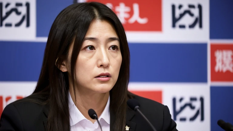 Politician announcing the establishment of a new party, male, Japanese, long hair, suit, serious expression, press conference