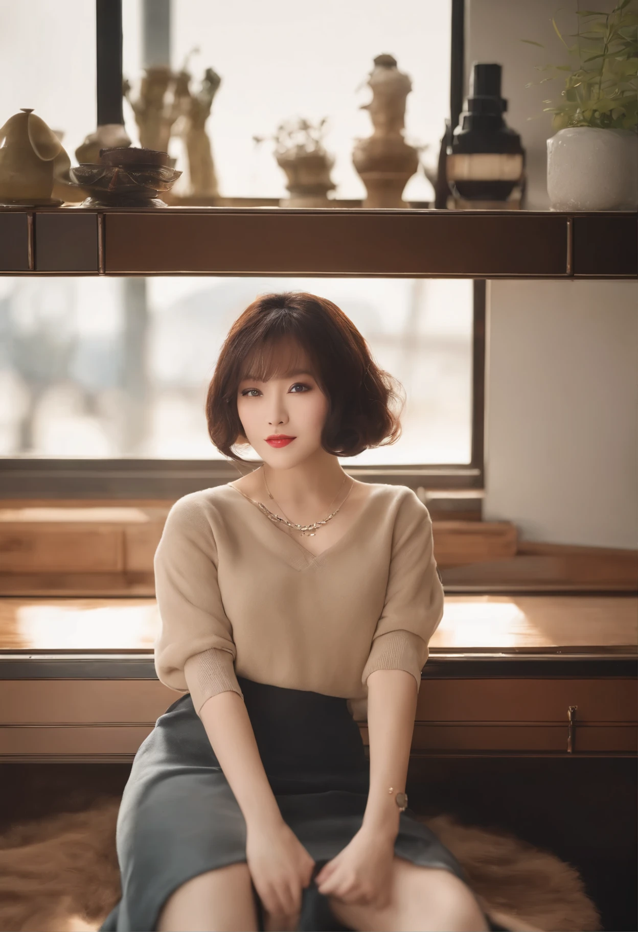 highest quality, 8K, 32K, masterpiece, UHD: 1.2), cute japanese women pictures, big, very short bob hair,extra large size_sweater, necklace, simple background, look at the audience, show me her cleavage, lee no bar, kiss、((half naked))