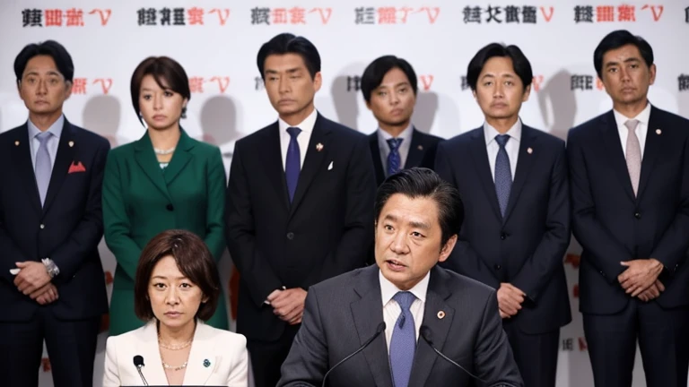 Politician announcing the establishment of a new party, male, Japanese, suit, serious expression, press conference
