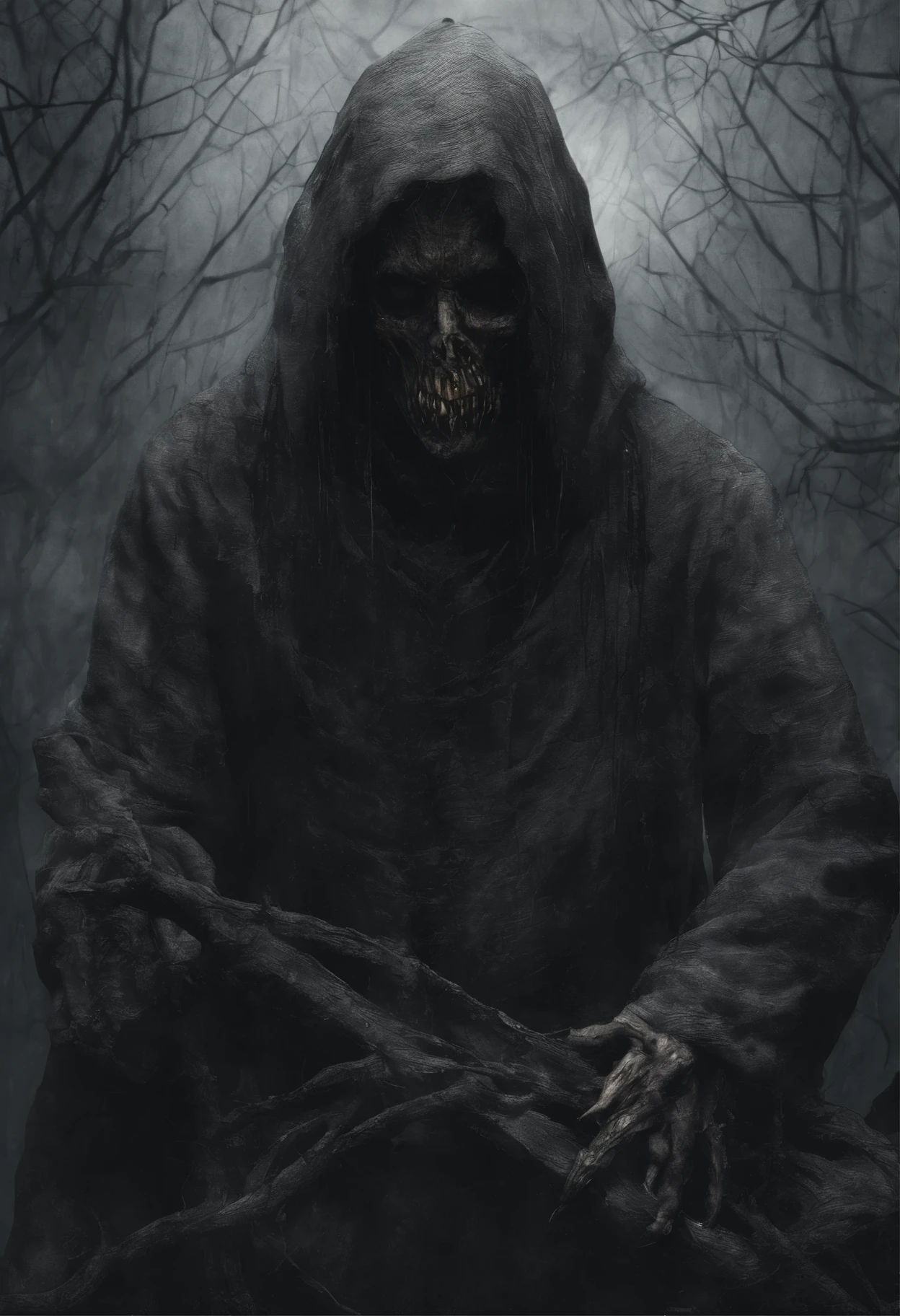 Upper body, very old, half of the face deformed and melted, scared, dirty, beggar, monster, short gray hair, pale and wrinkled skin, sparse beard, Yellowish pupils, Slouch posture, Piercing evil gaze, torn clothes, Cloak with raven feathers on the back, Body covered with bands and hood, fog, Dark gas station, horror, fear, scared, suspenseful, Mysterious,Isono Katsuo,日本アニメサザエさんに登場するIsono Katsuo