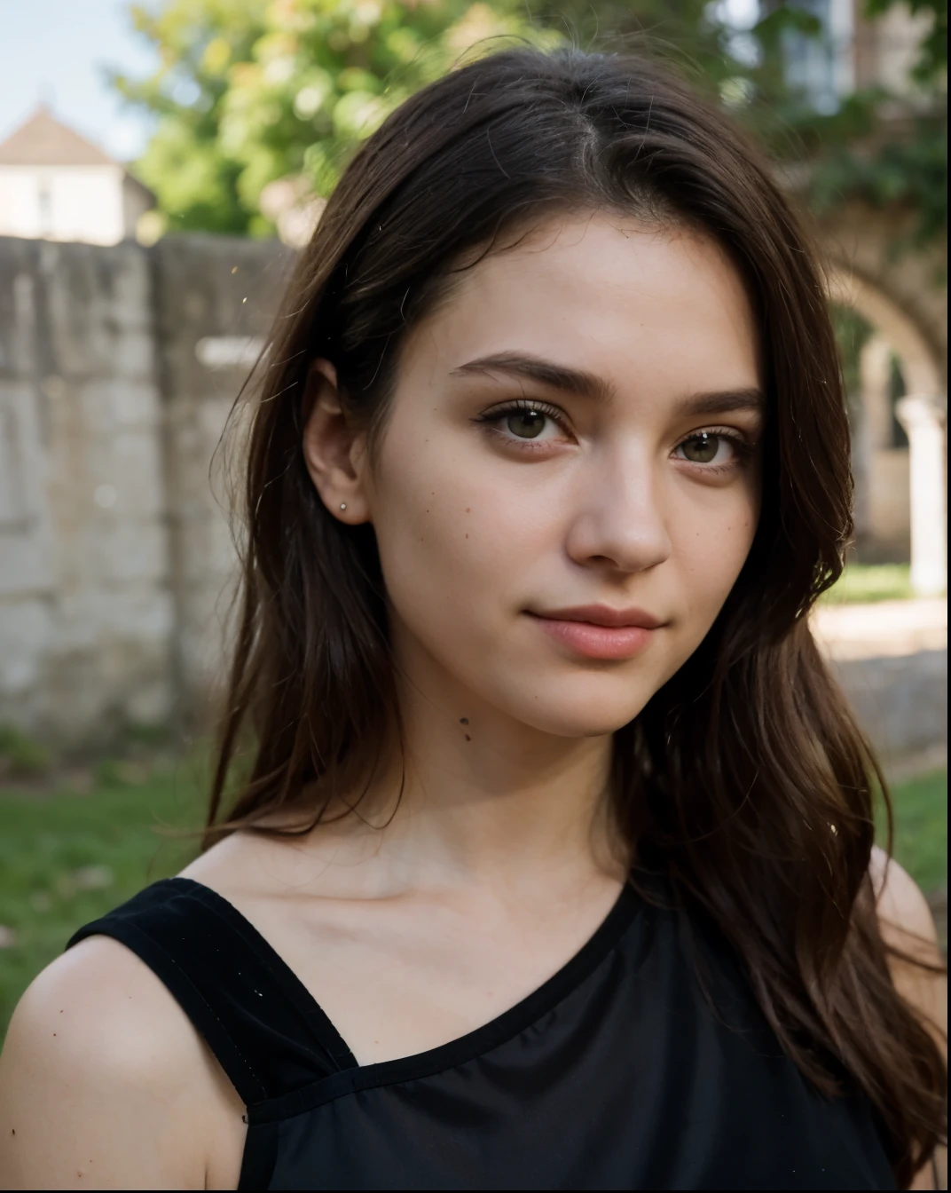 Cute beautiful sexy European light-green-eyed brunette, 22 years old,
girl in a black velvet dress, revealing stylish dress, full body view, velvet black dress, black dress, elegant dress, castle ruins, nature,
innocent face, face-length 1.3 times the face-width, almond-shaped eyes, squared face-shape, high cheekbones, naturally wavy hair, light-green eyes, high-res, masterpiece, best quality, intricate details, very detailed, sharp focus, detailed skin, realistic skin texture, texture, detailed eyes, professional, 4k, charming smile, shot with Canon, depth of field, Kodak Vision color, perfectly fitting body, extremely detailed, photo_\( ultra\), photorealistic, realistic, post processing, maximum details, roughness, real life, ultrarealistic, photorealism, photography, 8k UHD, photography