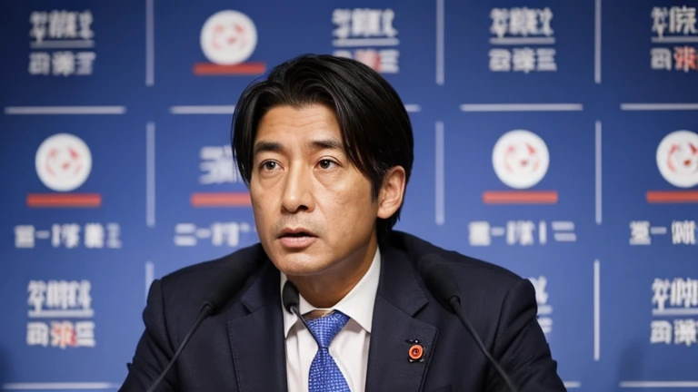 Politician announcing the establishment of a new party, male, Japanese, suit, serious expression, press conference