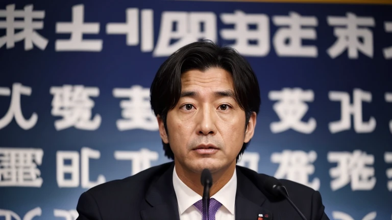 Politician announcing the establishment of a new party, male, Japanese, suit, serious expression, press conference