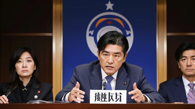Politician announcing the establishment of a new party, male, Japanese, suit, serious expression, press conference